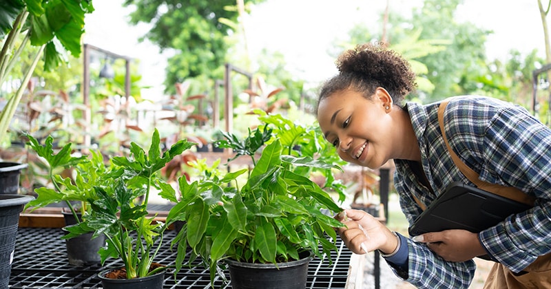 Smiling Female Pest Control Worker Looking at Plants