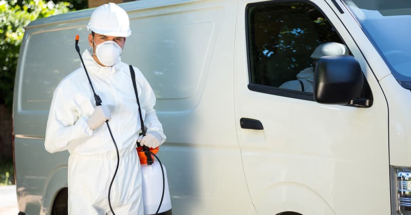 Pest control worker standing in front of van
