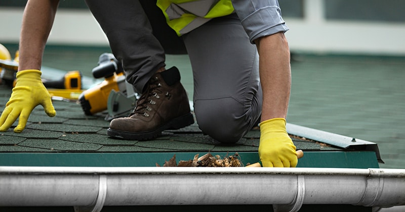 Person with yellow gloves cleaning gutter with scoop