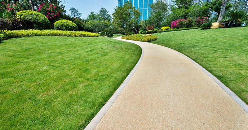 Park with sidewalk, grass, and landscaping near office building