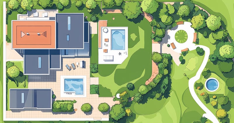 Computer illustrated landscape design aerial view