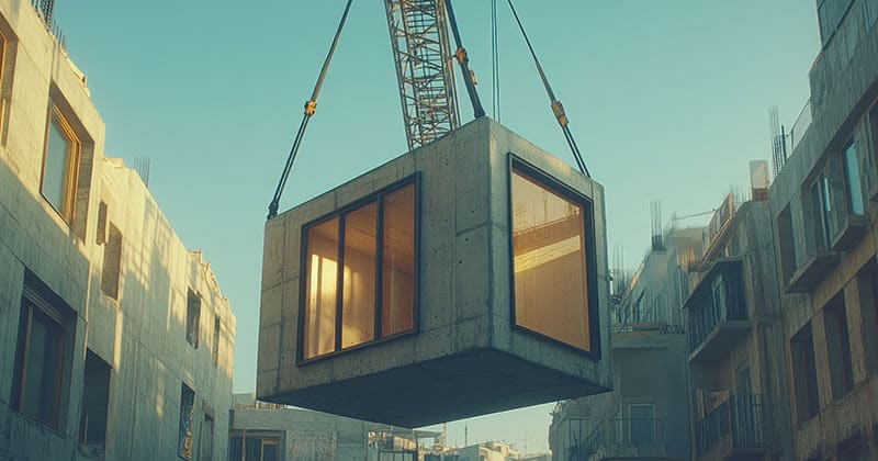 Crane lifting prefabricated concrete house component on construction site