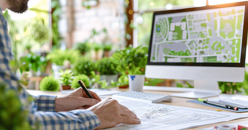 Landscape designer working in home office with plans on paper near computer