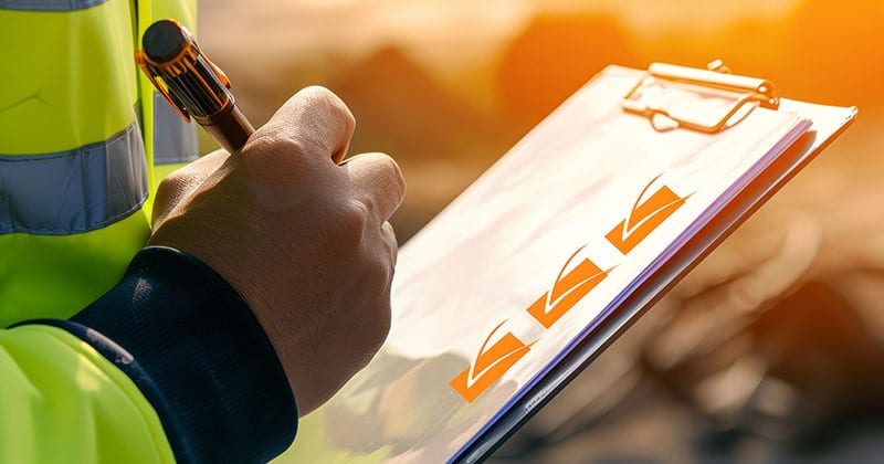 Construction worker reviewing safety checklist on clipboard