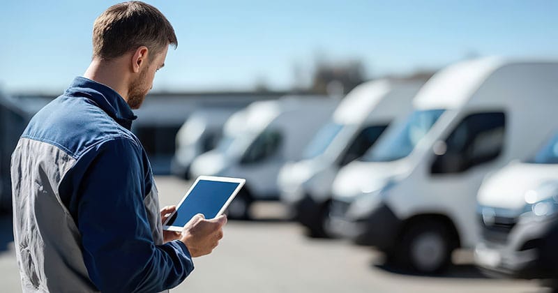 Man looking at tablet in parking lot with fleet vehicles