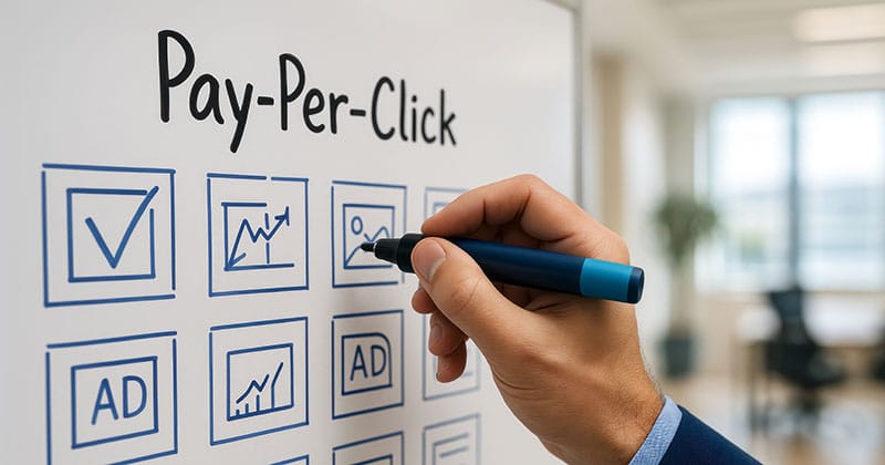 Person writing on white board planning PPC advertising strategy