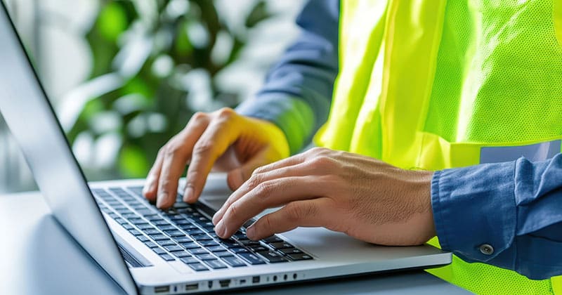 Remodeling contractor typing on laptop at desk