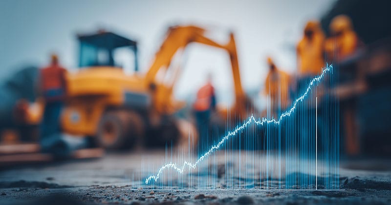 Upward performance graph with construction project in background, construction KPIs concept